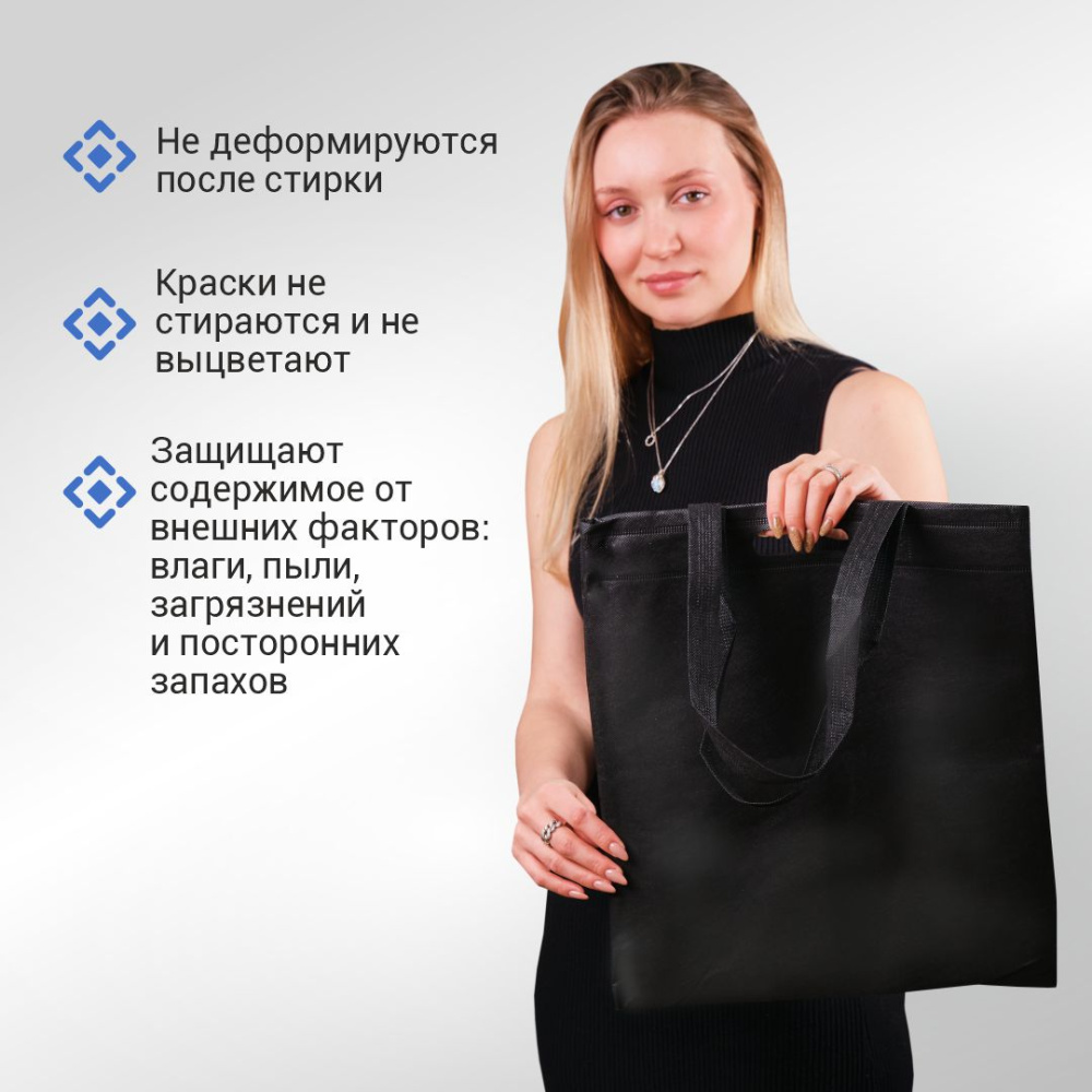 Сумка-шоппер из спанбонда с пришивными ручками 24 см, черная, 35 х 40 см